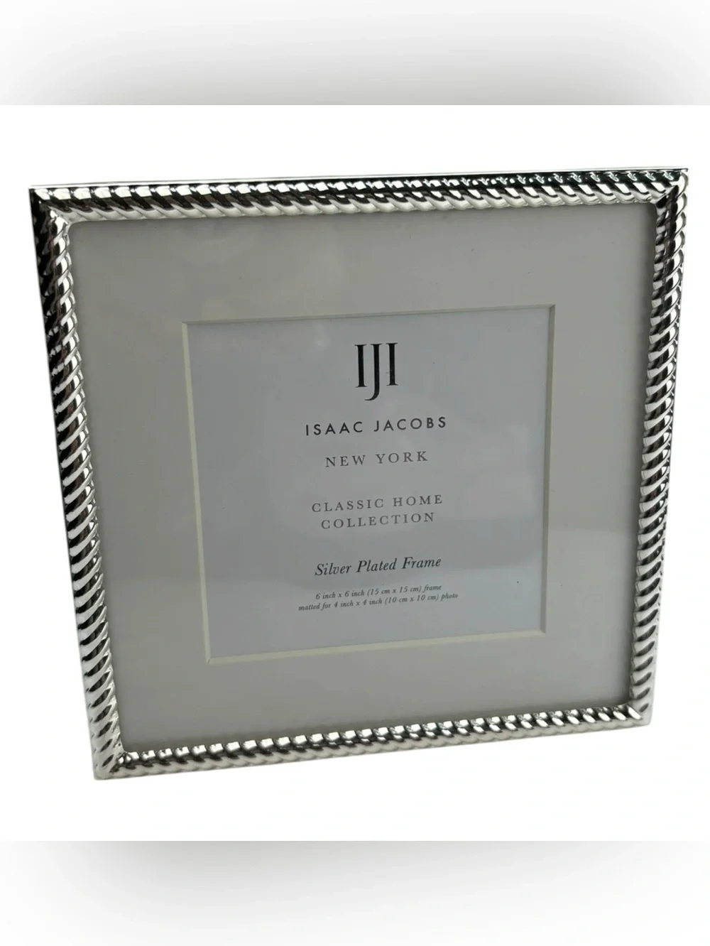 NWT Isaac Jacobs Silver Plated Photo Frame 6” x 6” Matted 4” x 4” Rope Border